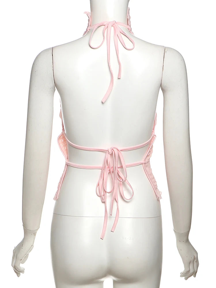 Sweet 2-Piece Set Women Backless Edible Tree Fungus Lace-Up Ruched Hollow Thin Tank Top+Furry Sequins Shorts Clubwear