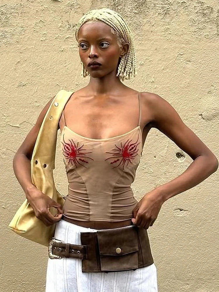 Sun Print Sexy Women Camisole Y2K Summer Fashion Low-Neck Coquette Midnight Party Club Wild Basic Street Slim Tees