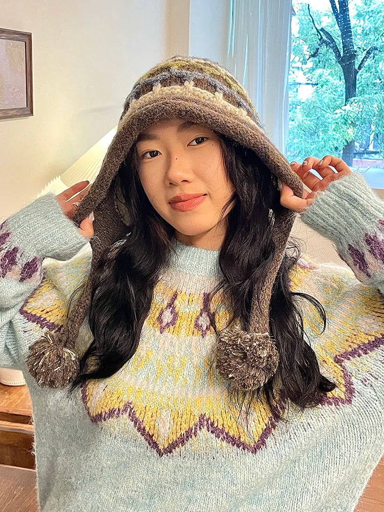 Casual Warm Striped Colorful Pom Pom Beanie For Women