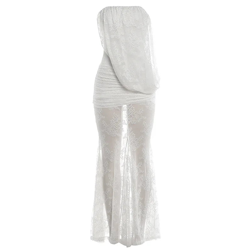 Lace White Dresses Woman Elegant Strapless Asymmetrical Drape Fishtail Maxi Dress Evening Gown