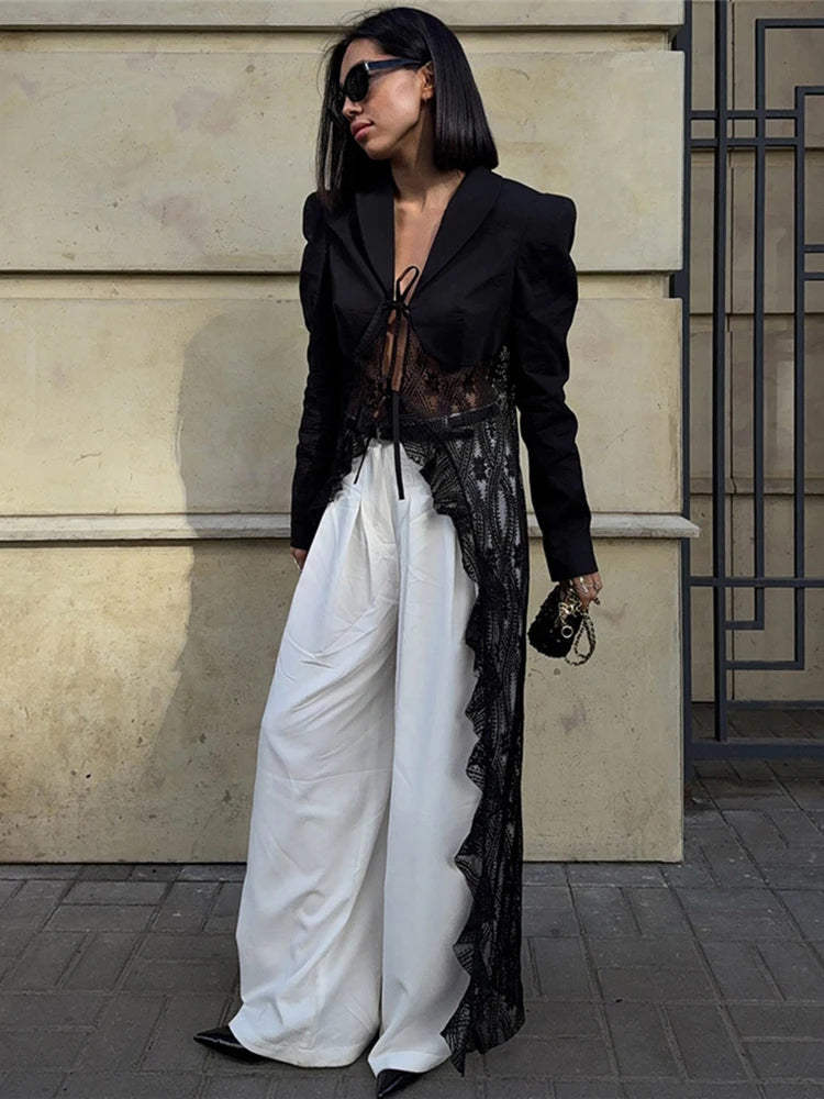 Patchwork Lace Long Coat Women Bandage v-Neck Full Sleeve Ruffles Sexy Hipster High Street Autumn Classic Elegant Tops