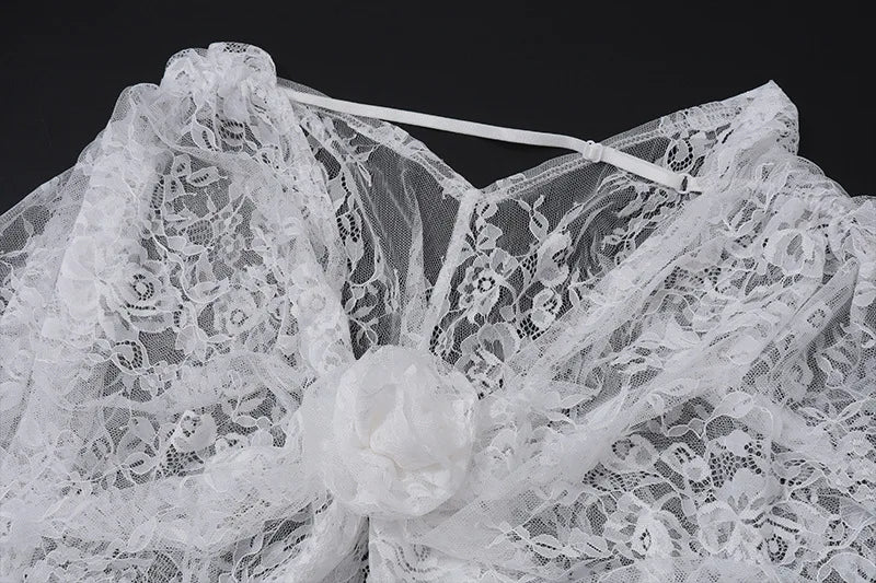 See-through Lace Blouse for Woman Elegant Sexy White Shirts Floral Applique Deep V Neck Long Sleeve Crop Tops