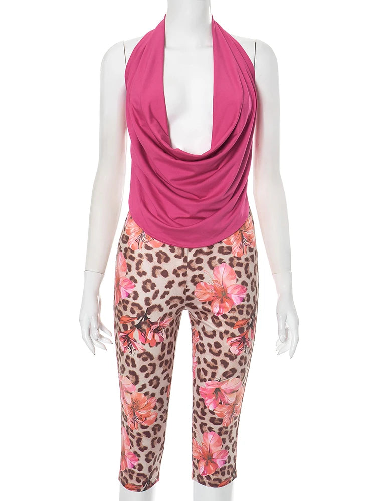 Halter Women 2 Piece Set Halter Swing Collar Backless Tank Tops+Leopard Print Bike Shorts Stretch Matching Clubwear