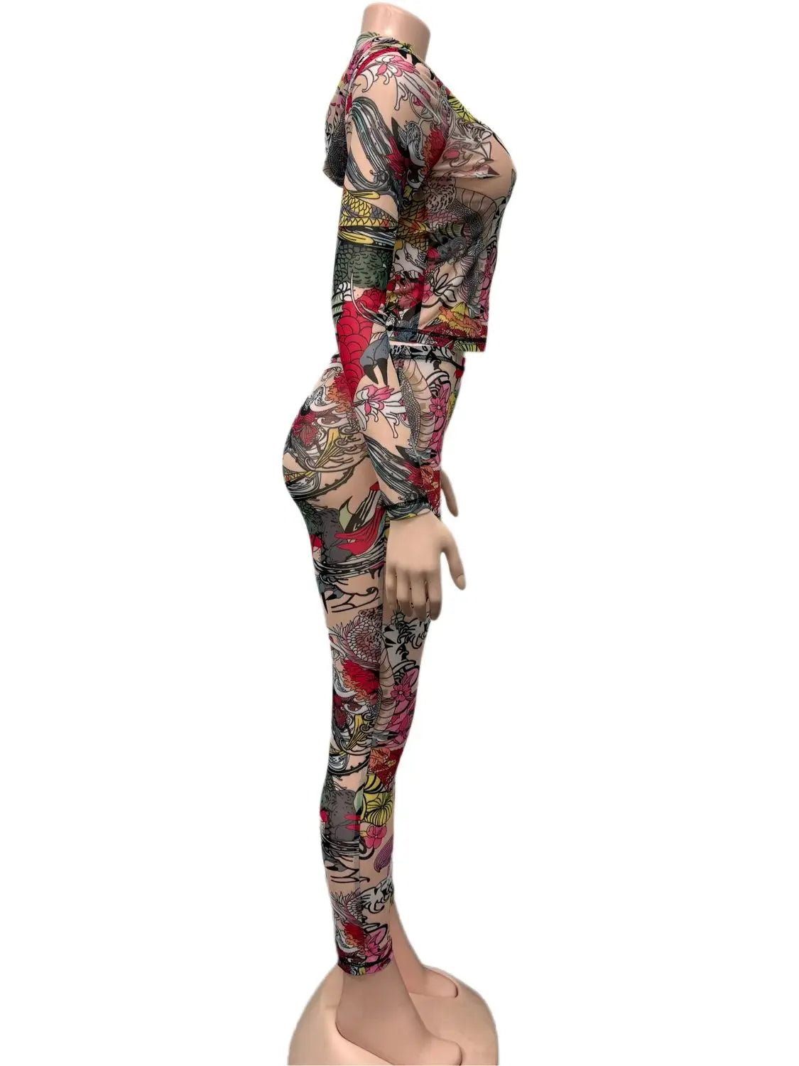 Colorful Print Women 2 Piece Set See Through Hooded Crop Jacket+Leggings Sexy Hipster Matching Midnight Clubwear Suit