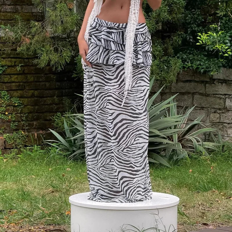 Zebra Printed Mesh See Through Skirt Sexy Vacation Beach Low Rise Long Maxi Skirts for Woman Clothing Summer