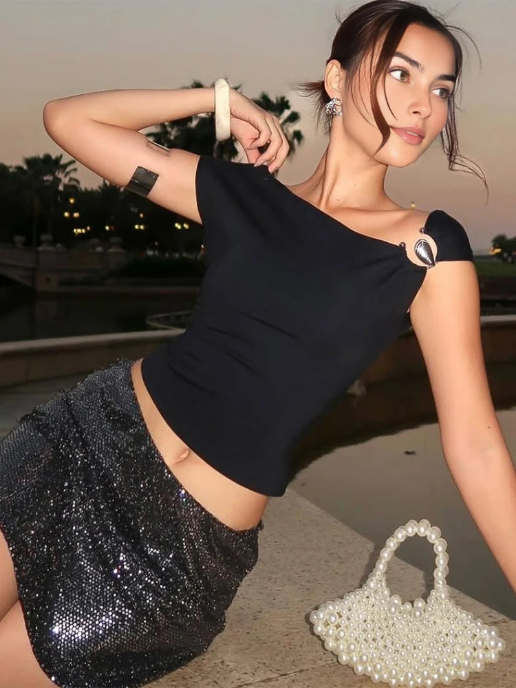 Sexy Backless Crop Tops Women Irregular Skew Collar Metal Rings Patchwork Short Sleeve Daily Street Fashion T-Shirts