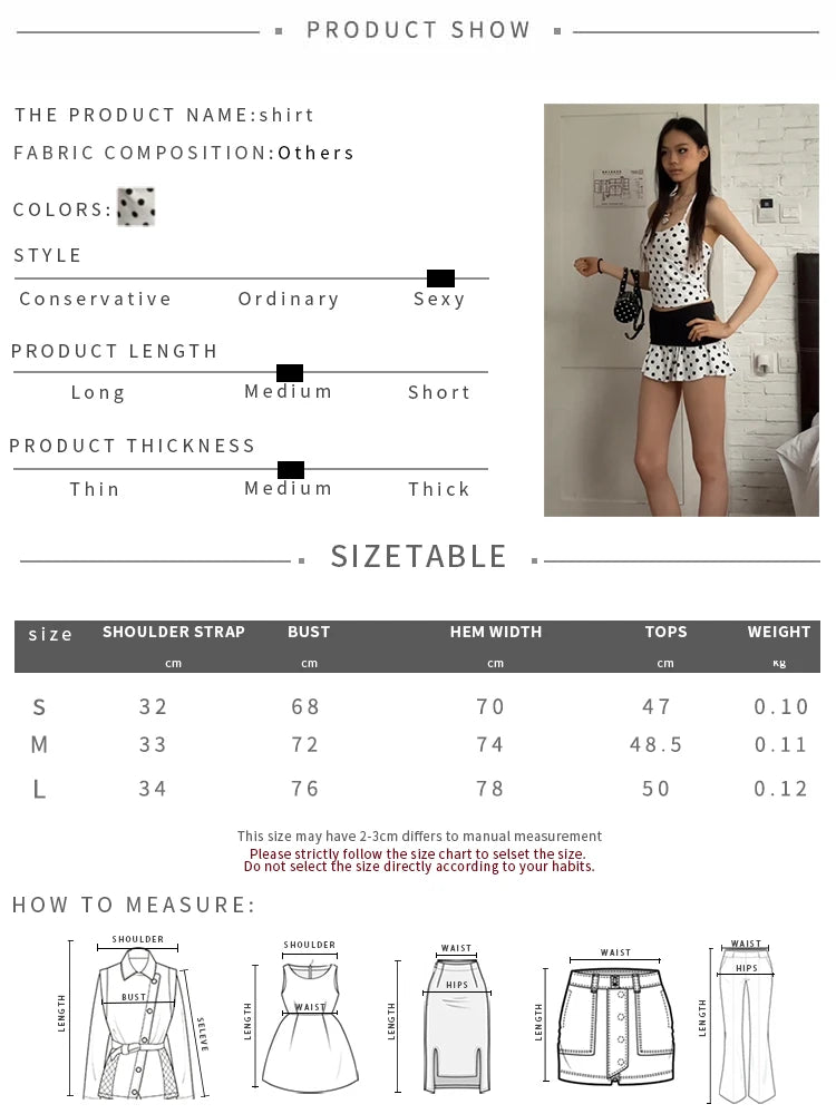Simple Polka Dot Print 2-Piece Set Women Halter Low-Neck Camisole+Patchwork Folds Skirts Skinny Sweet Street Suit