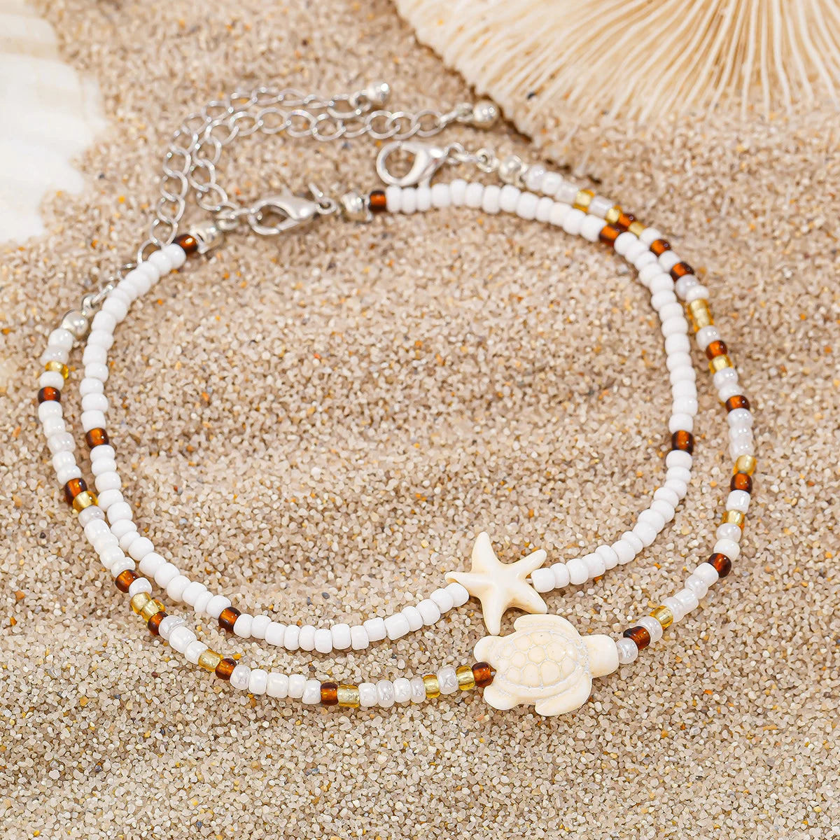 2Pcs Kpop Boho Starfish Turtles Conch Seed Beads Chain Anklet for Women Summer Beach Sweet Ankle Barefoot Y2K Jewelry