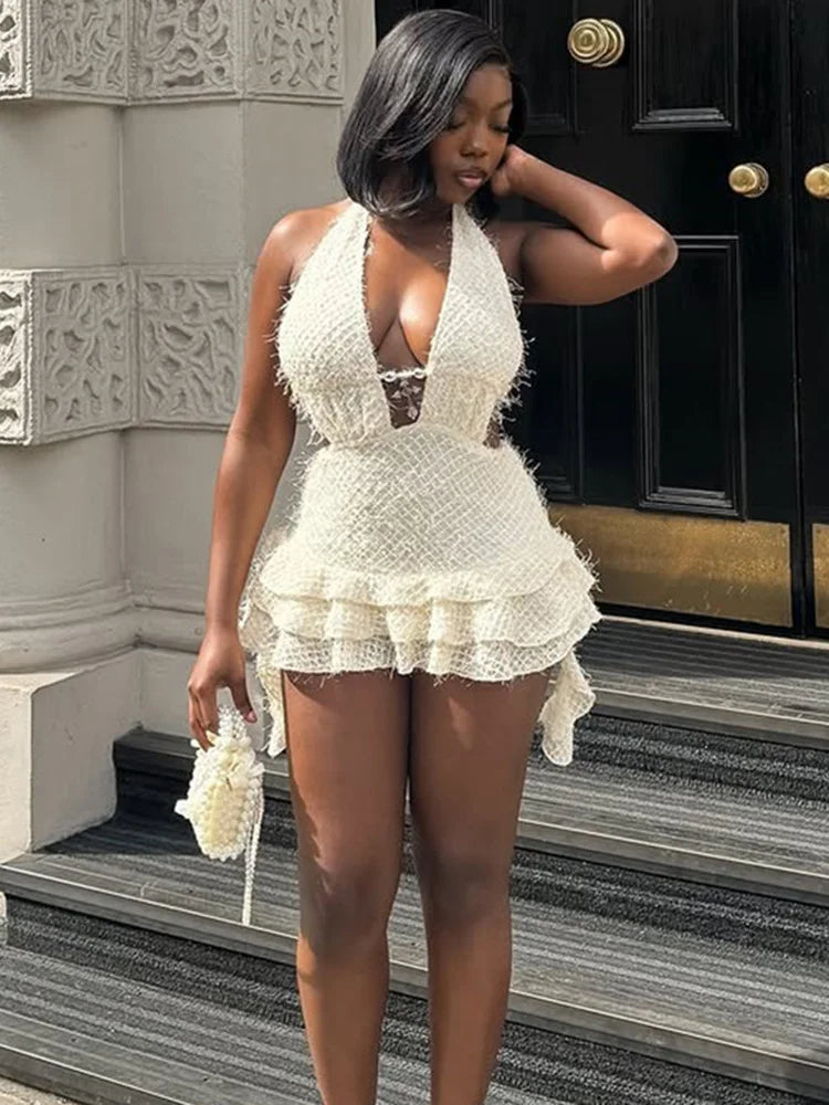 Sexy Backless Mini Dress Women Bandage Halter Low-Neck Sleeveless Puffy Tierred Hem Hottie Street Fashion Outfits