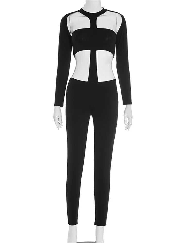 Sexy Halter Backless Jumpsuit Women Y2K Long Sleeve Hollow Midnight Street Workout Activity Stretch Fitness Overalls