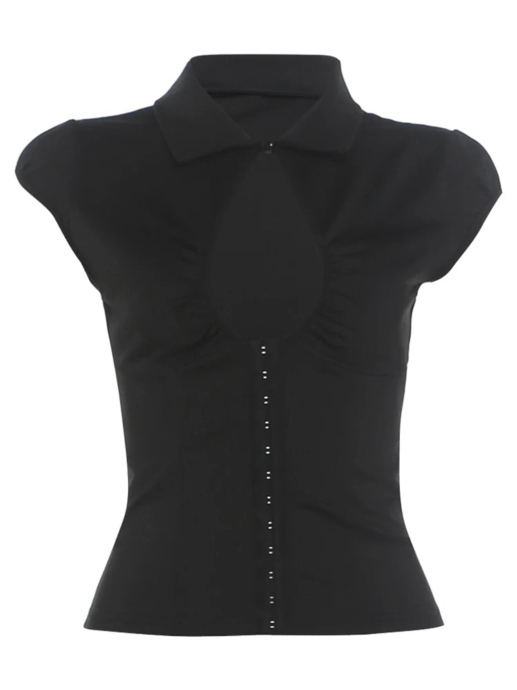 Hottie Hollow T-Shirt Women Sexy Simple Single-Breasted Mini Sleeve Ruched Stretch Fashion Party Street Crop Tees