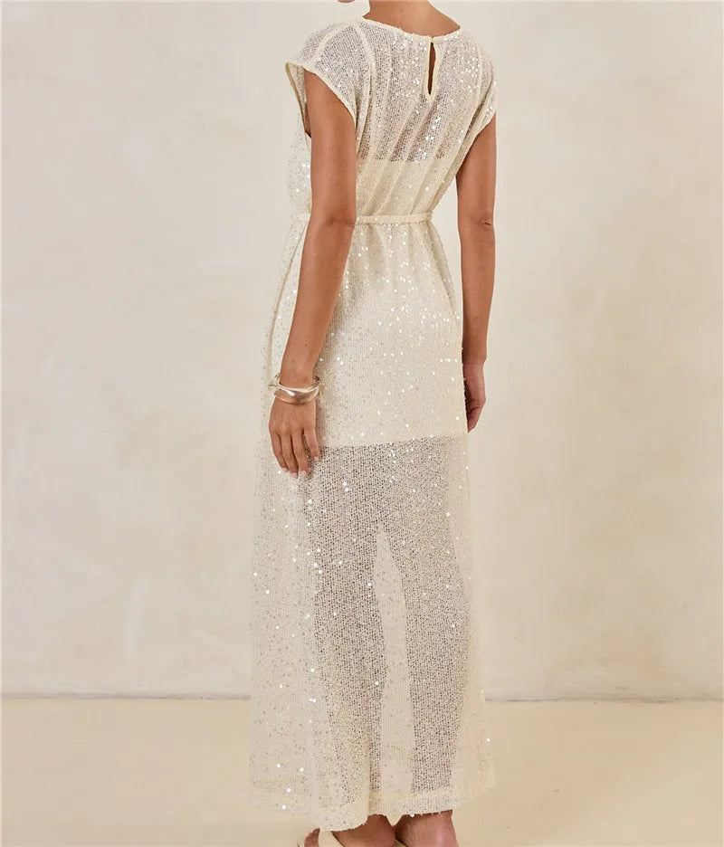Women's Sequin Long Dress Summer Fashion Short Sleeve Solid Loose Fit Gown with Side Slits Sparkly Sheer Knit Sundress