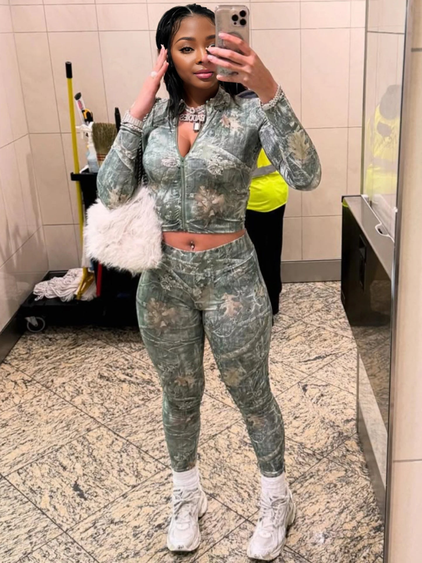 Twig Print Women Tracksuit Two Piece Set Tight Stretch Full Sleeve Crop Jacket+Leggings Matching Streetwear Outfits