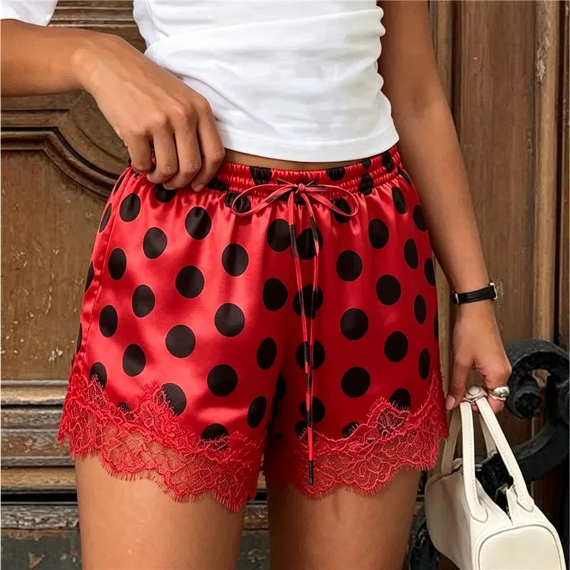 Women Satin Polka Dot Print Shorts Elastic Drawstring Waist Lace Trim Hem Loose Summer Casual Lounge Sleepwear Shorts