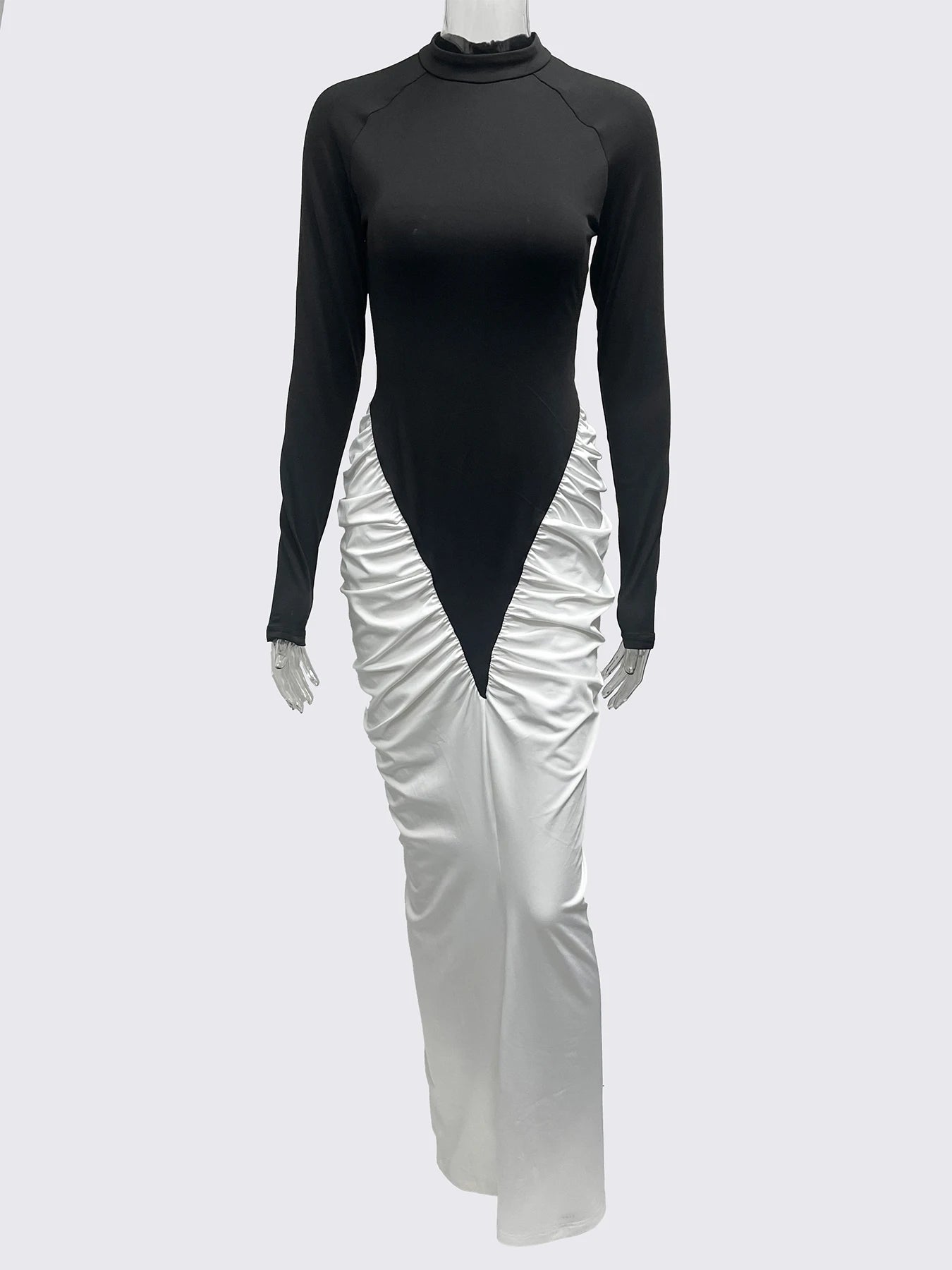 Sexy Patchwork Dress Women Ruched Color Block Full Sleeve Peach Hip Elegant Simple Stretch Slim Evening Prom Bodycon