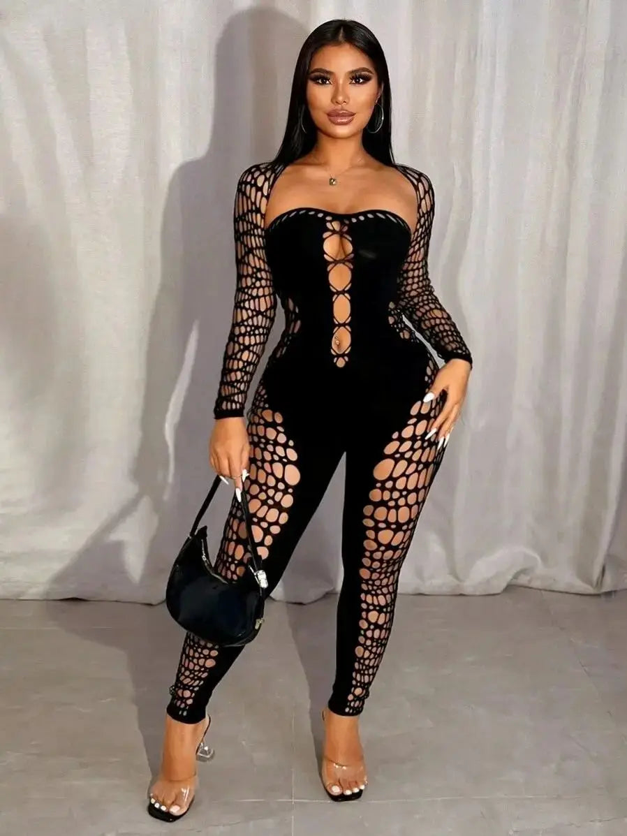 Hollow Strapless Jumpsuit+Shawl Women Sexy See Through Coquette Hipster Midnight Clubwear Activity Workout Overalls