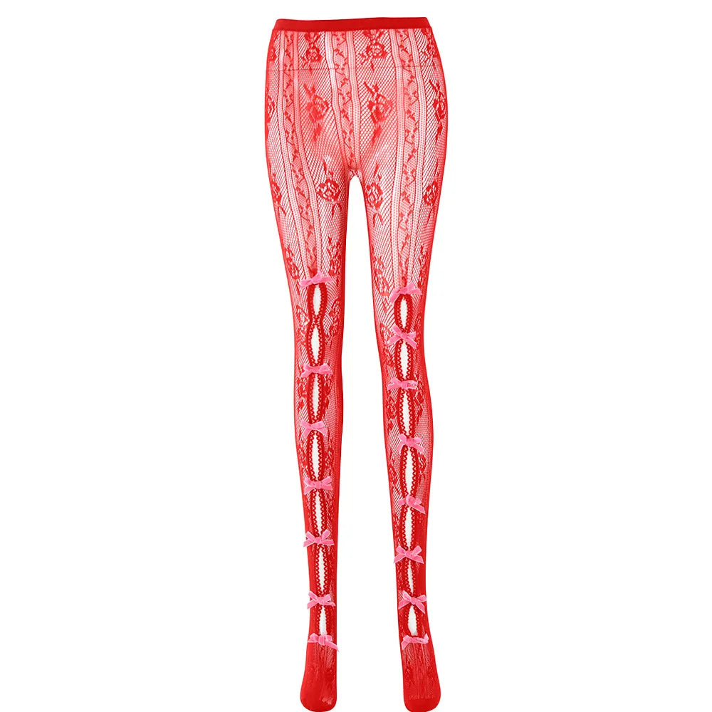 See Through Lace Mesh Hollow Bow Tie Leggings High Waist Stockings Y2k Sexy Lingeries for Woman Tights
