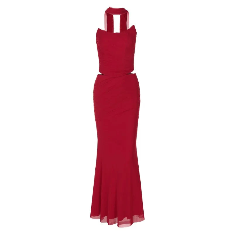 Sexy Two Piece Set Mesh Corset Top and Maxi Skirt Red Valentines Outfit Women Evening Party Dress Suits