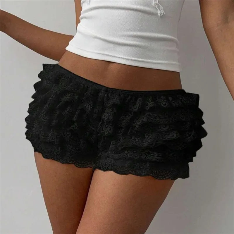 Women Ruffle Lace Bloomers Multi Layered Floral Lace Trim Mini Shorts Elastic Waist Cute Pettipants Y2K Lolita Underwear