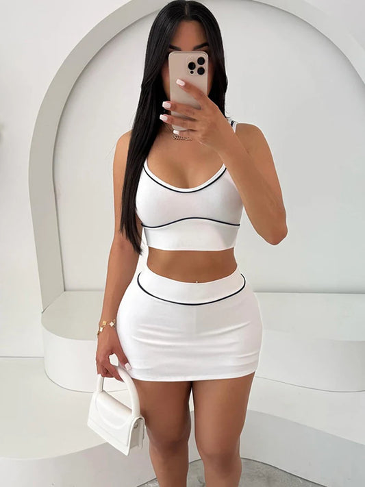 Casual Ribbed 2 Piece Set Women Black String Patchwork Tank Tops+Side Split Shorts Skirts Fashion Simple Classic Suit