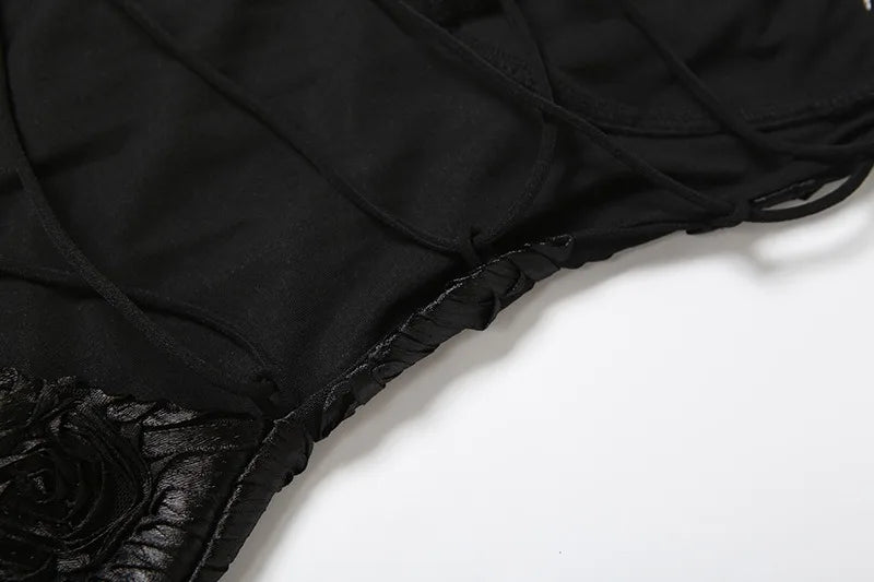 Flower-applique Lace-up Backless Maxi Dress Sexy Black Party Dresses Woman 2025 Elegant Evening Gown