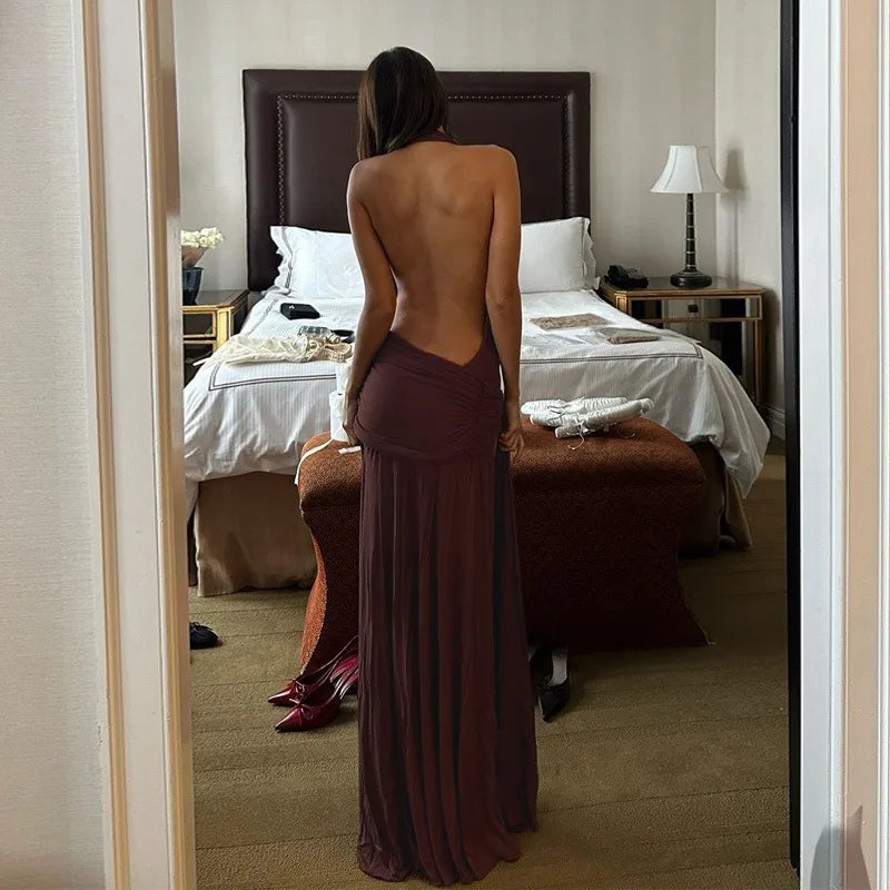 Deep V Neck Backless Split Maxi Dress Sexy Summer Brown Long Dresses Women Beach Vacation Outfits