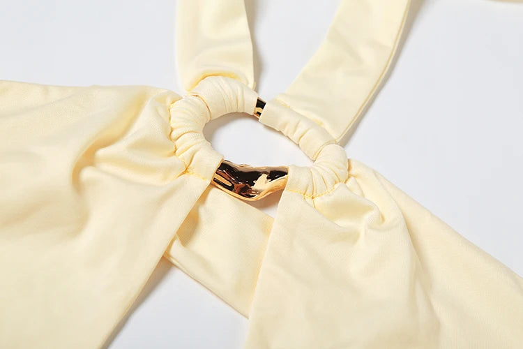 Sexy See Through 2 Piece Set Women Halter Metal Patchwork Hollow Bodysuits+Solid Long Skirts Beach Party Elegant Suit