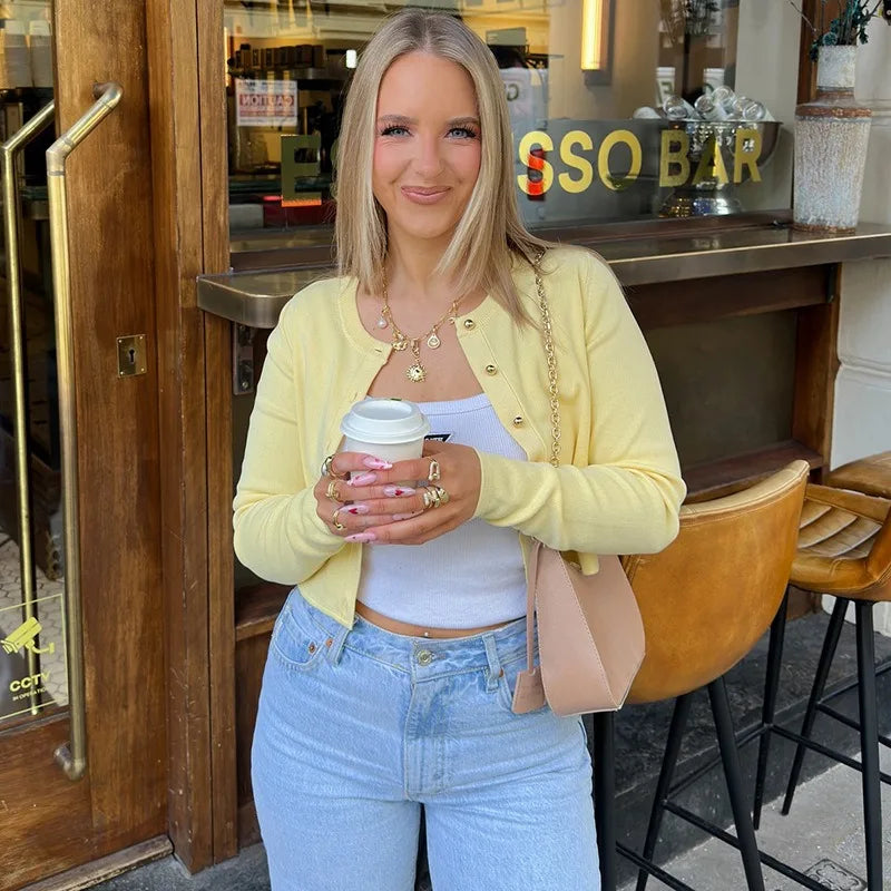 Yellow Cardigan Woman Clothes Fall 2025 Solid Color Ribbed Knitted Sweaters Button Up Long Sleeve Top