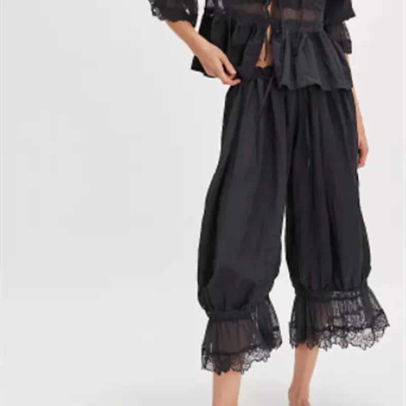 Women Y2K Lace Trim Pants Vintage Pettipants Long Bloomers Pants Under Dress Pantaloons Cute Ruffle Pumpkin Pants