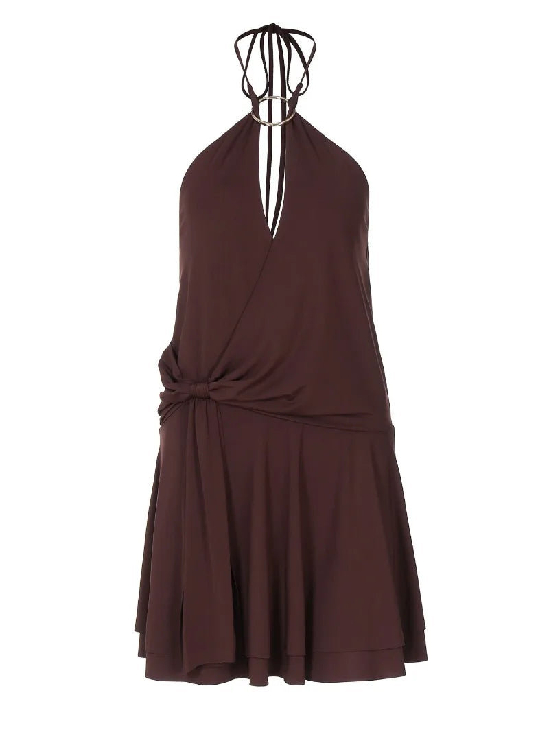 Deep V Neck Backless Mini Dresses for Summer Sexy Outfits Women Y2k Brown Black Dress Club Wear