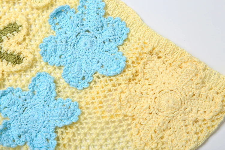 Biased Collar Knit Dress Women Y2K Flowers Backless Sexy Vacation Beach Hollow Vacation Beach Party Slim Mini Bodycon