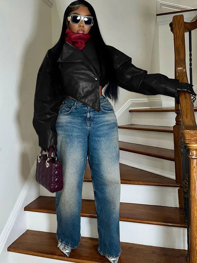 Faux Leather Crop Jacket Women Cross Neck Hipster Single Button Irregular Fall Trend Wild Basic Sexy Streetwear Coat