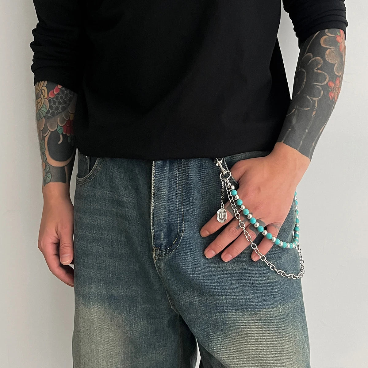 Y2K Trendy Blue Stone Bead Jeans Pants Chain For Men Women Hip Hop Punk Double Layer Keychains Bag Accesories Jewelry
