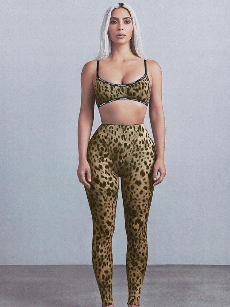 Leopard Print Two Piece Pant Sets for Women Baddie Outfits Sexy Bralette Crop Top and Leggings Matching Set