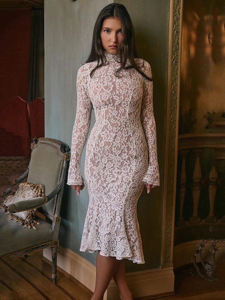 Lace Long Sleeve Sexy Midi Dress For Women Elegant White Half High Collar High Waist Bodycon Club Party Sexy Long Dress