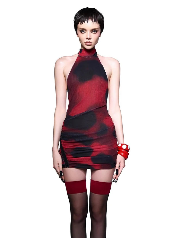 Backless Sexy Dress Women Halter Lace-Up Irregular Ruched Metal Buckle Summer Trend Midnight Sleeveless Mini Bodycon