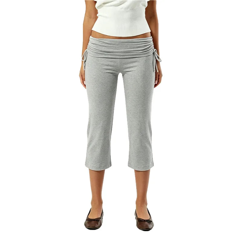 Women Y2K Trendy Low Waist 3/4 Length Capri Trouser Fold Over Waist Tie Side Drawstring Slim Fit Streetwear Lounge Pants