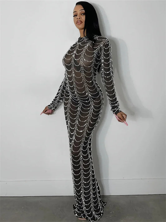Mesh See Through Long Dress Women Rhinestones Decoration Full Sleeve Skinny Wrap Hip Midnight Sexy Coquette Vestidos