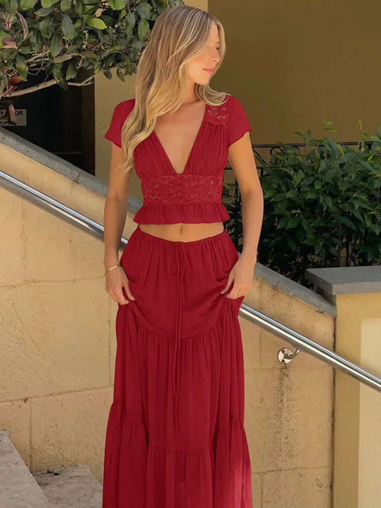 Elegant Chiffon Two Piece Set Women V Neck Short Sleeve Crop Top Maxi Skirt Matching Sets Female Club Party Dress Set