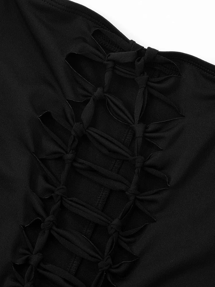 Sexy Hollow Knot Playsuits Women Fall Slash Neck Long Sleeve Stretch Coquette Midnight Party Clubwear Skinny Romper