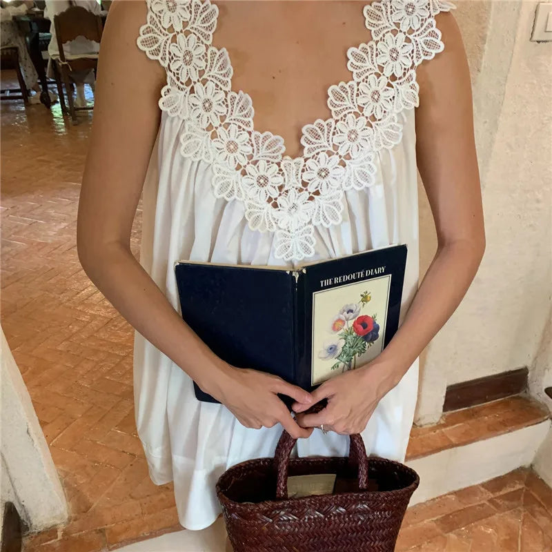 French Style Lace V Neck Sleeveless Mini Dress for Women Summer Casual Loose A Line Short Sundress for Beach Holiday