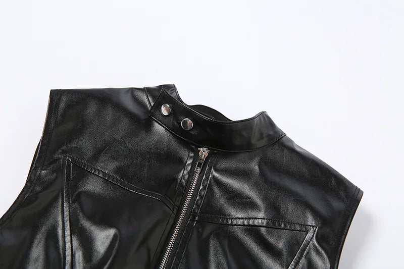 PU Leather Moto Crop Tops Streetwear Womens Tank Top Zip Up Hollow Out Backless Black Sexy Club Clothes
