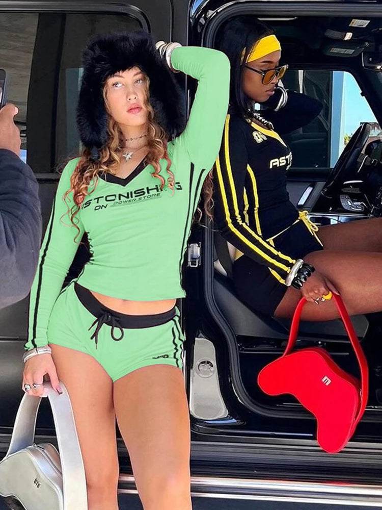 Women Tracksuit 2 Piece Set Sporty Casual Stroke Tight Hipster Letter Print Crop Tops+Shorts Street Matching Outfits