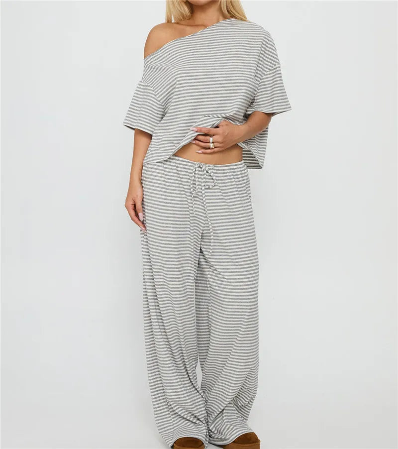 Off Shoulder Striped 2 Piece Outfit Women Loose Short Sleeve Crop Top Drawstring Wide Leg Pants Casual Lounge Pajama Set