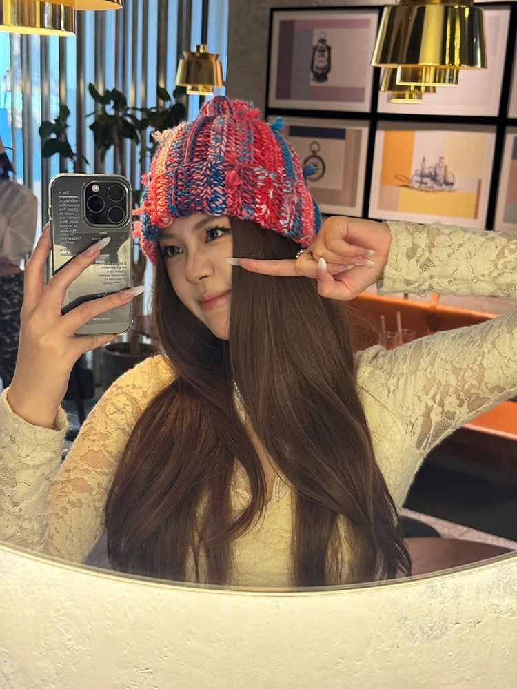 Dopamine Colorful Vertical Striped Rolled Edge Beanie For Women