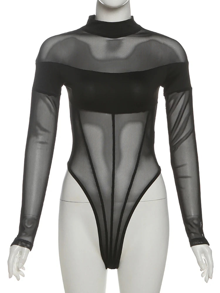 Patchwork Half Turtleneck Bodysuits Women See Through Fake Fishbone Decoration Sexy Party Street Fashion Midnight Outfit