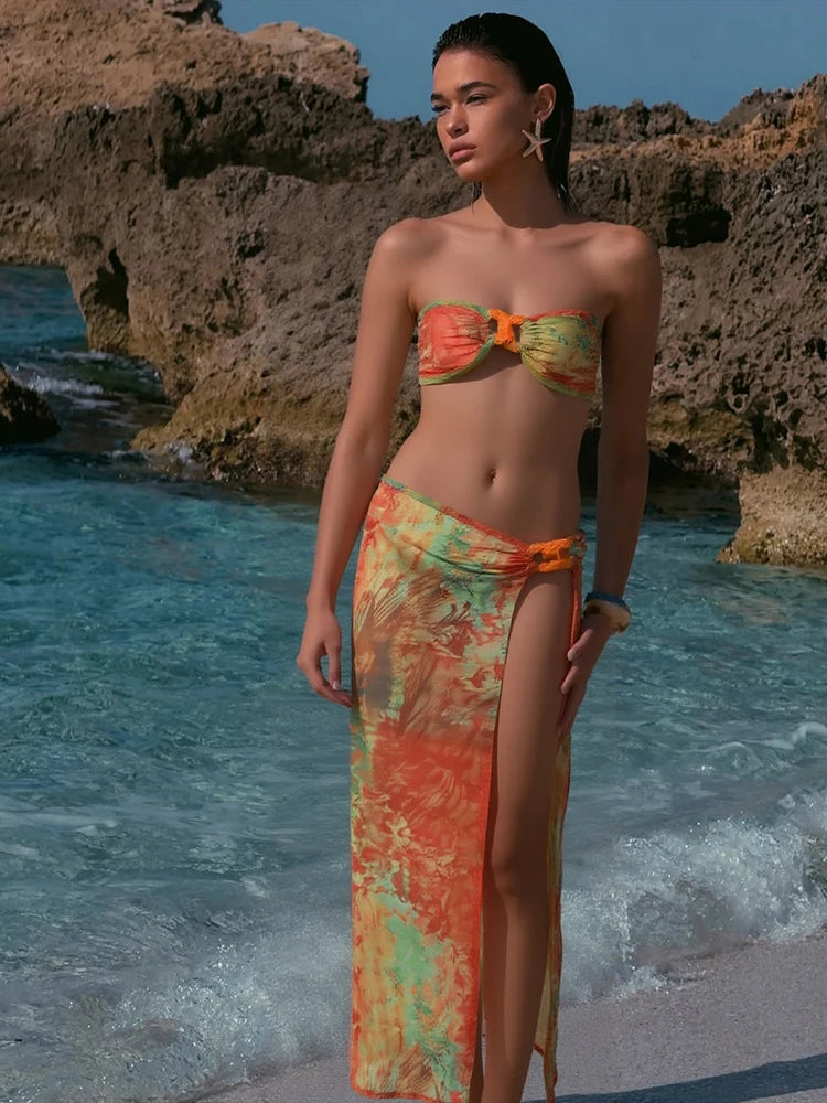 Sexy Colorful Print 3 Piece Set Women Y2K Double Buckle Tube Bra+Thong+Split Skirts Vacation Beach Swimsuit Clubwear