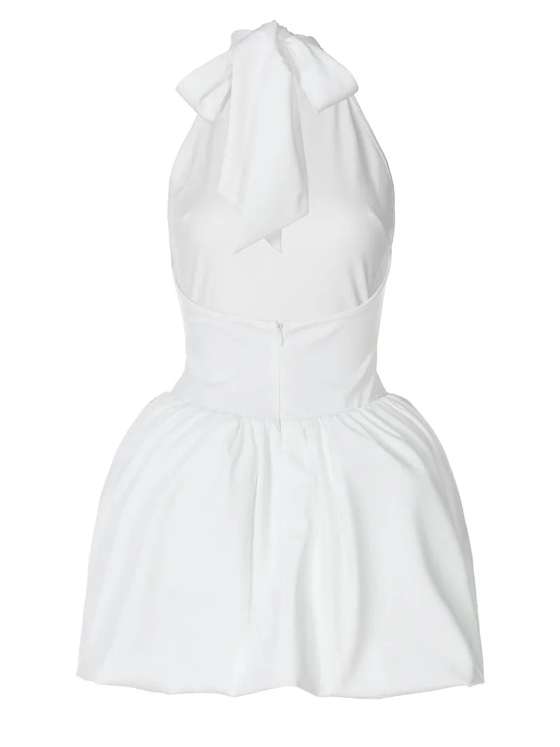 Halter Backless Bubble Short Dresses Elegant White Black Summer Dress Woman Clothing 2025