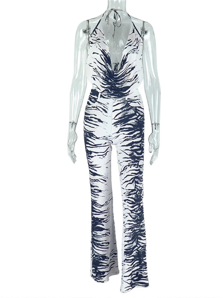 Zebra Print Patchwork 2 Piece Set Women Halter Lace-Up Backless Camisole+Skinny Peach Hip Pants Sexy Fashion Outfits