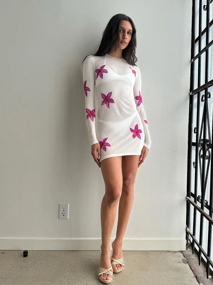 Orchid Print Dress Women See Through Full Sleeve o-Neck Skinny Autumn Simple Streetwear o-Neck Daily Basic Bodycon